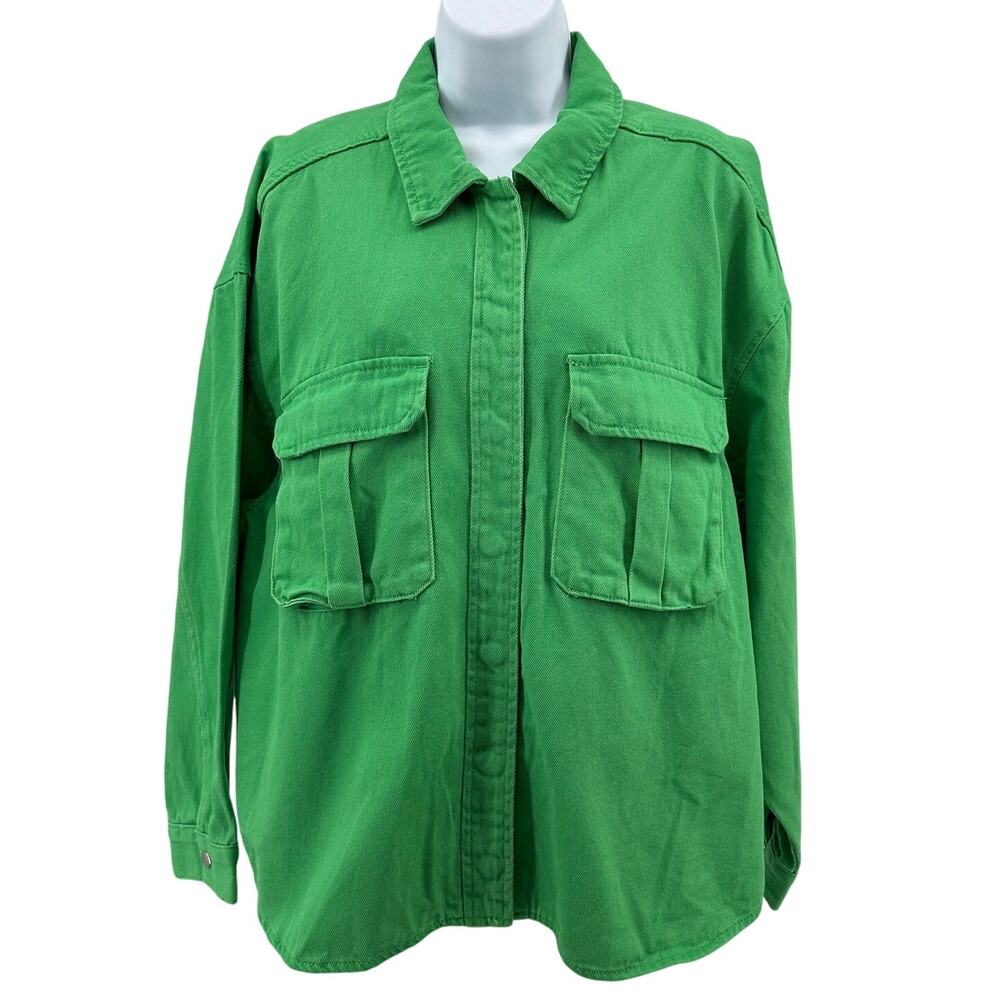 If It Were Me Denim Shacket WMNS L Apple Green Cotton Utility Pockets Button Up